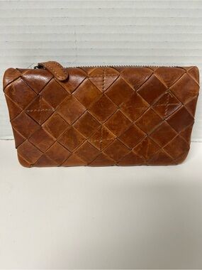 Vilenca Holland Woven Leather Wallet Distressed Cognac Bifold Boho Chic Artisan